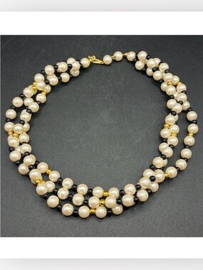 Vintage Triple Strand Pearlescent Bead Faux Pearl Beaded Choker Necklace Jewelry